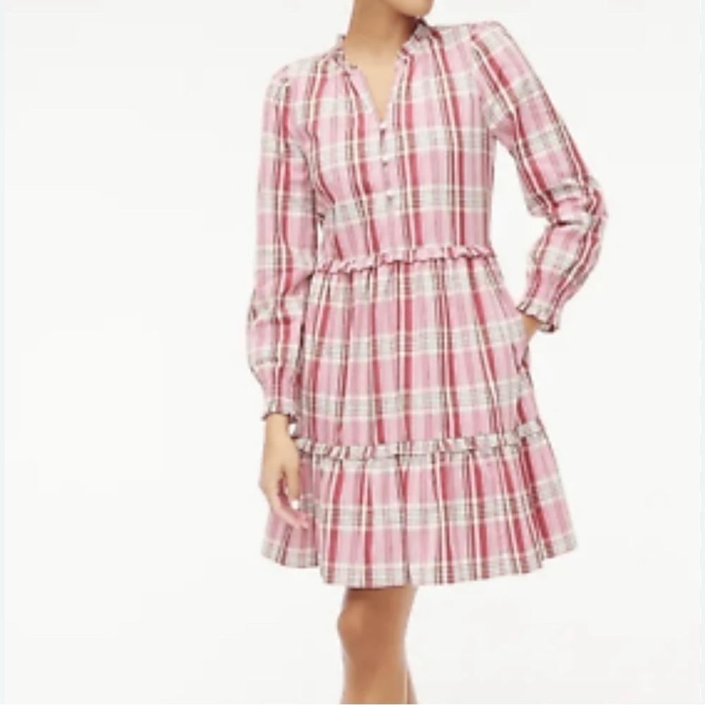 J Crew NWT Plaid Mini Dress Women’s 8 Ruffle Trim Sweet Briar Marine Salt Pink